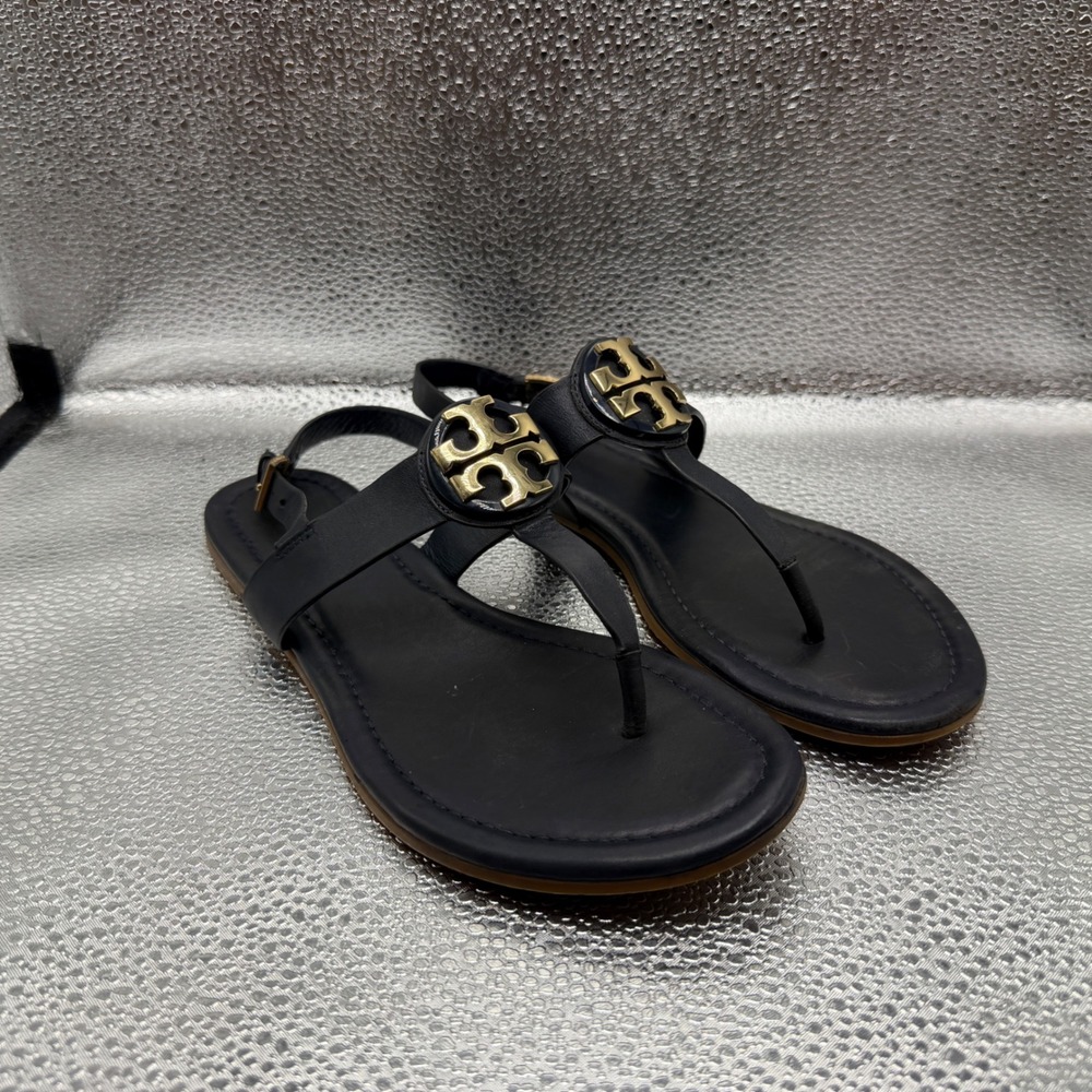 Size 6.5 Tory Burch Miller Sandals Womens Navy Good Slingback Logo Thong Flat